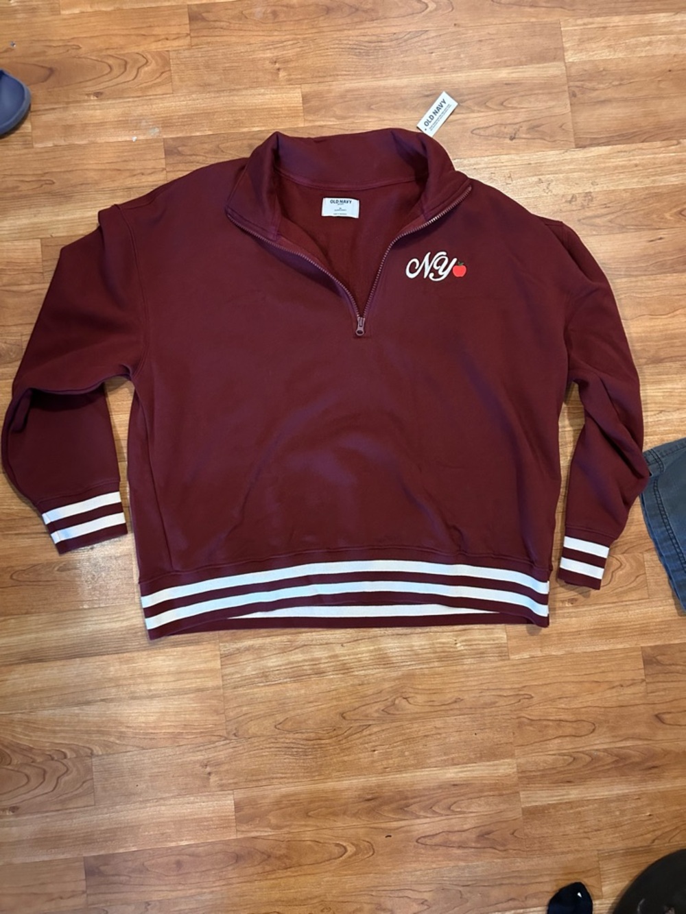 Old Navy Burgundy Quarter-Zip Sweater with White Stripe Trim